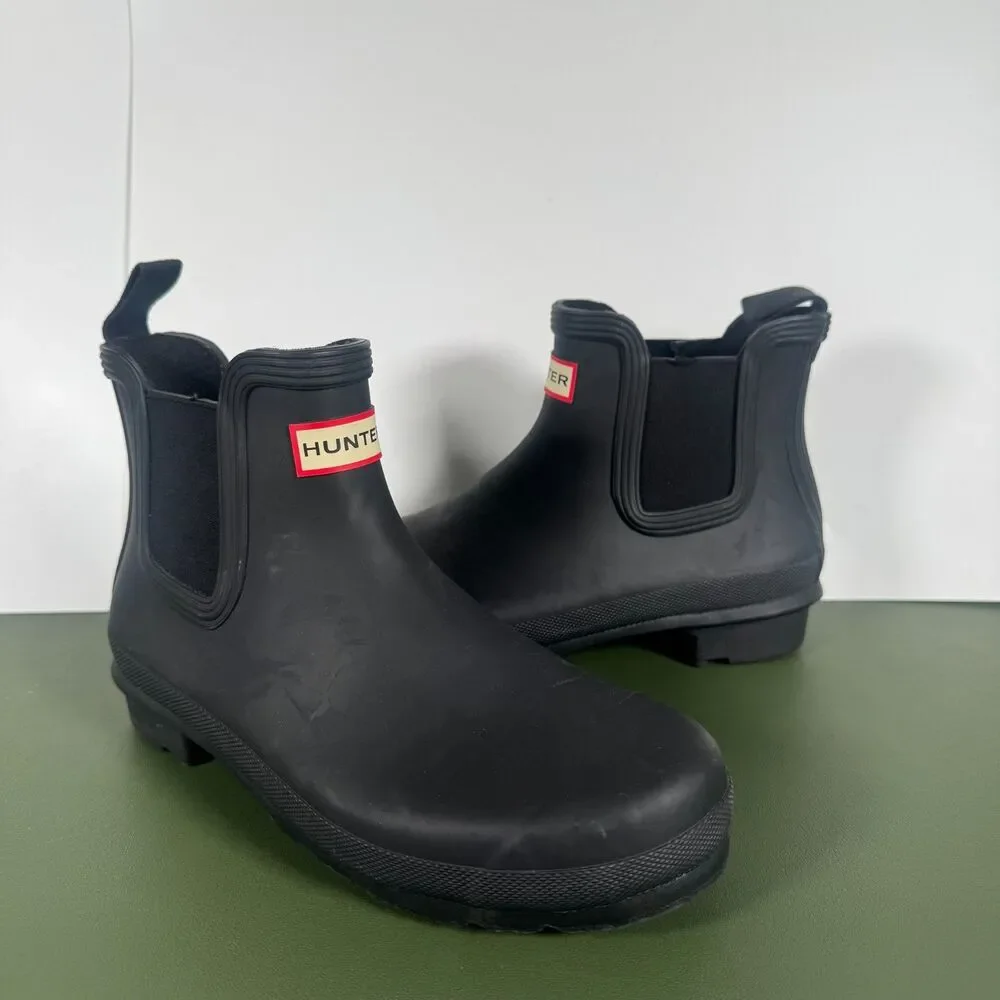 Hunter Black Ankle Rain Boots Rubber Waterproof Pull On Logo Women's Size 8